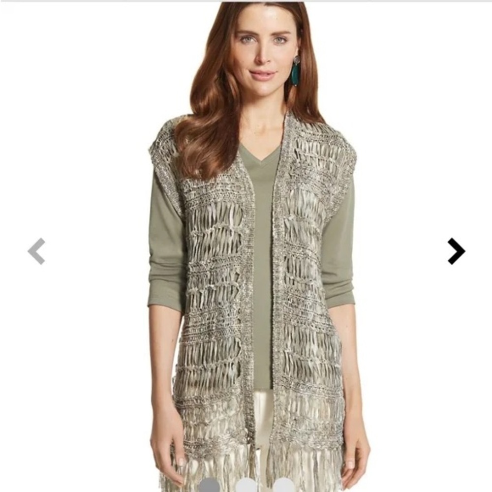 NWT Chico’s Fearless Fringe Lely Macrame Vest Sage Green Crochet Size 1 Medium